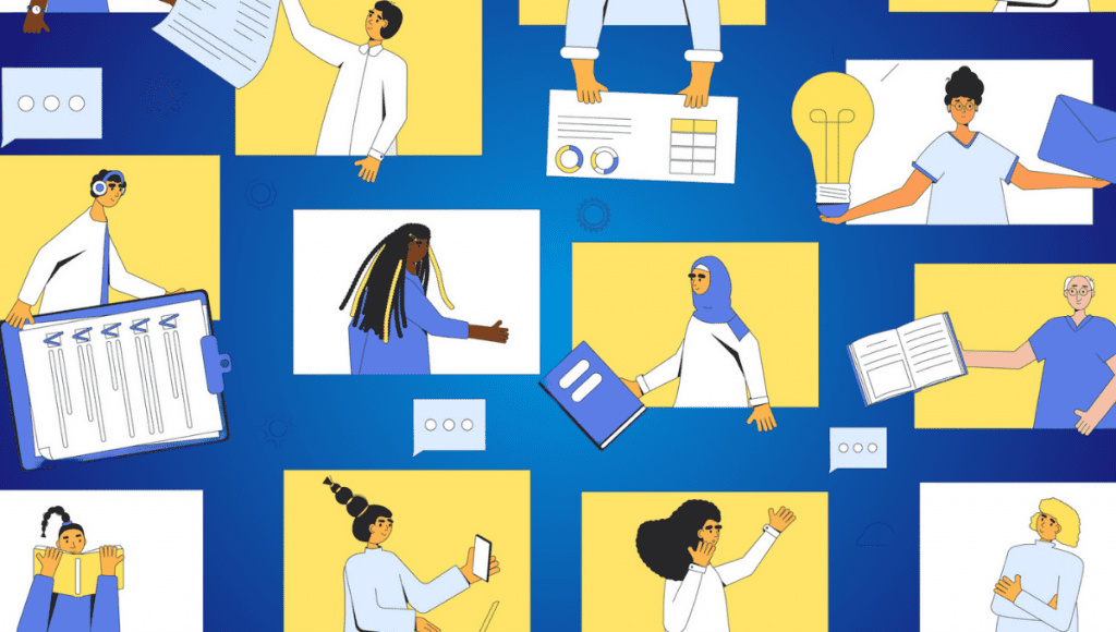 An illustration of people sharing knowledge