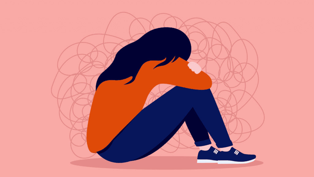 illustration of woman alone, with her head down and scribbles all around her