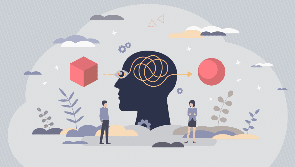 An illustration of a man and woman looking at each other. The woman's arms are crossed and between the two people is an image of a head processing a square shape into a ball.
