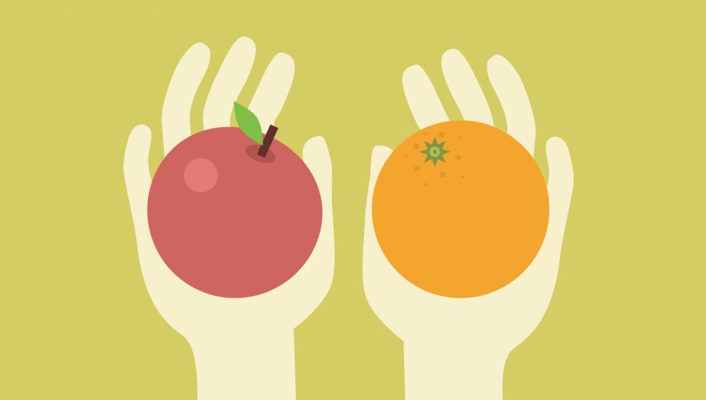 An image of two hands holding an apple and an orange, illustrating the nature of choice on the Your Brain at Work Blog for the NeuroLeadership Institute.