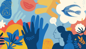 illustration of a dream; melody of different figures and objects in blue, yellow, and orange