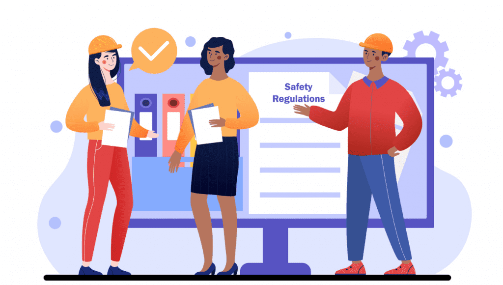 An illustration of workers talking about safety precautions