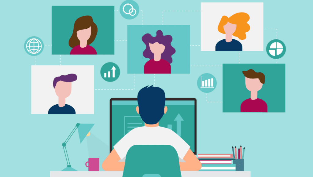 A group of co-workers work together online.